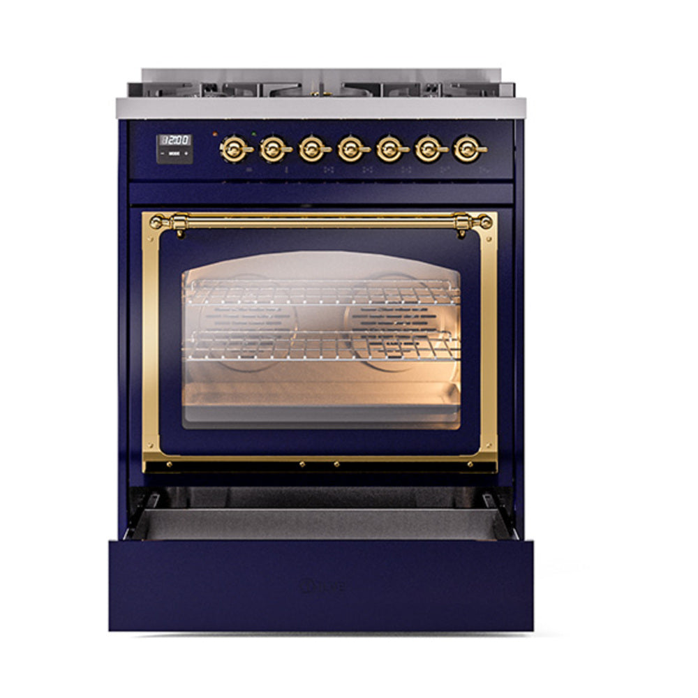 ILVE Nostalgie II Noblesse 30-Inch Propane Gas Dual Fuel Range with Triple Glass Door in Midnight Blue with Brass Trim (UN30NMPMBGLP)