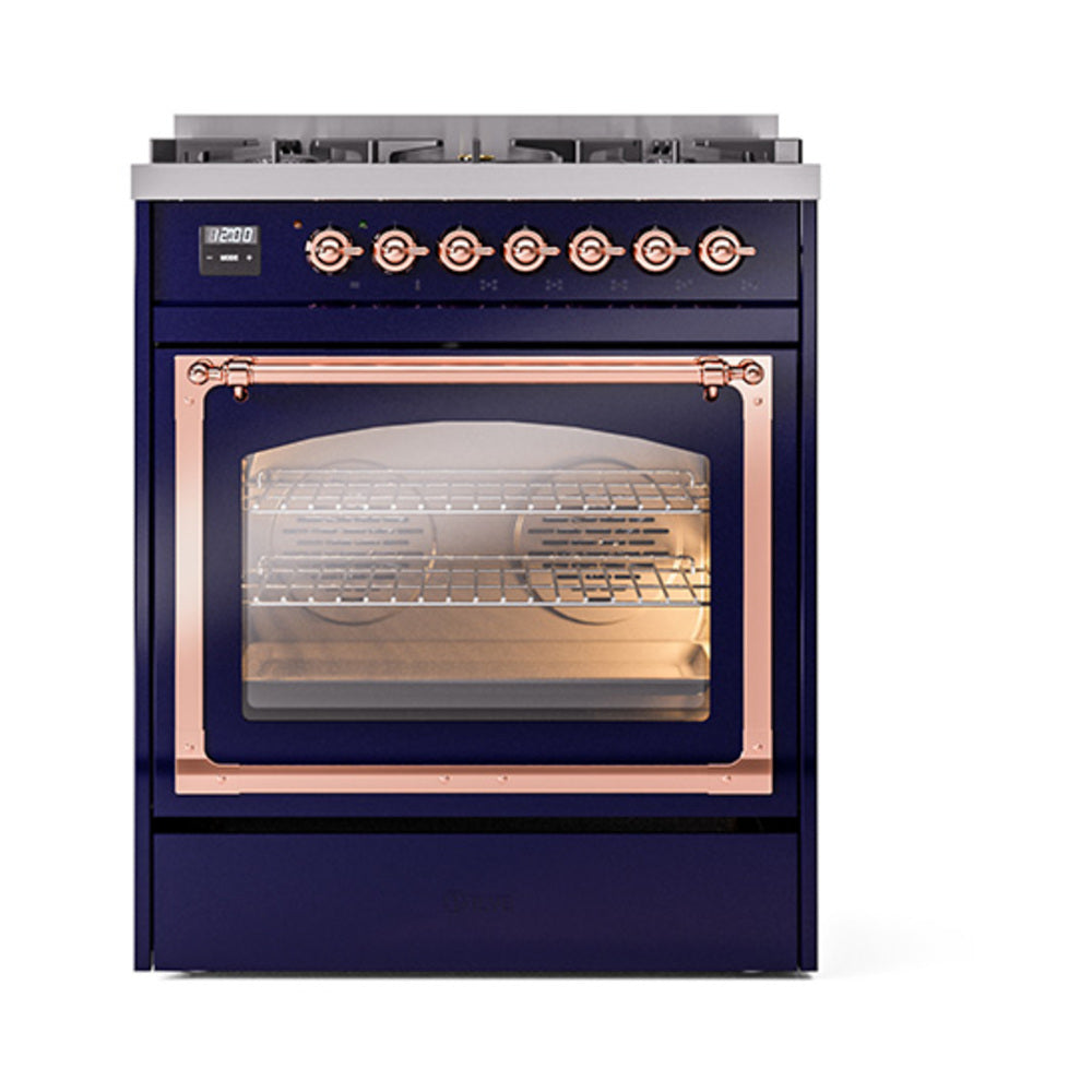 ILVE Nostalgie II Noblesse 30-Inch Natural Gas Dual Fuel Range with Triple Glass Door in Midnight Blue with Copper Trim (UN30NMPMBP)