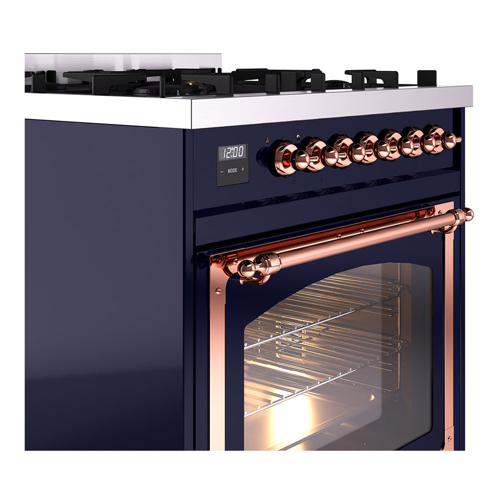 ILVE Nostalgie II Noblesse 30-Inch Propane Gas Dual Fuel Range with Triple Glass Door in Midnight Blue with Copper Trim (UN30NMPMBPLP)