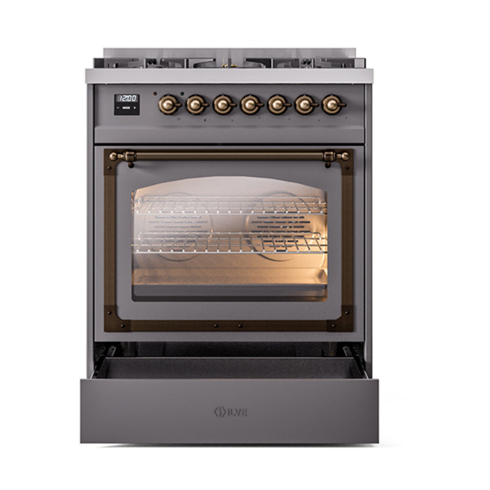 ILVE Nostalgie II Noblesse 30-Inch Propane Gas Dual Fuel Range with Triple Glass Door in Matte Graphite with Bronze Trim (UN30NMPMGBLP)