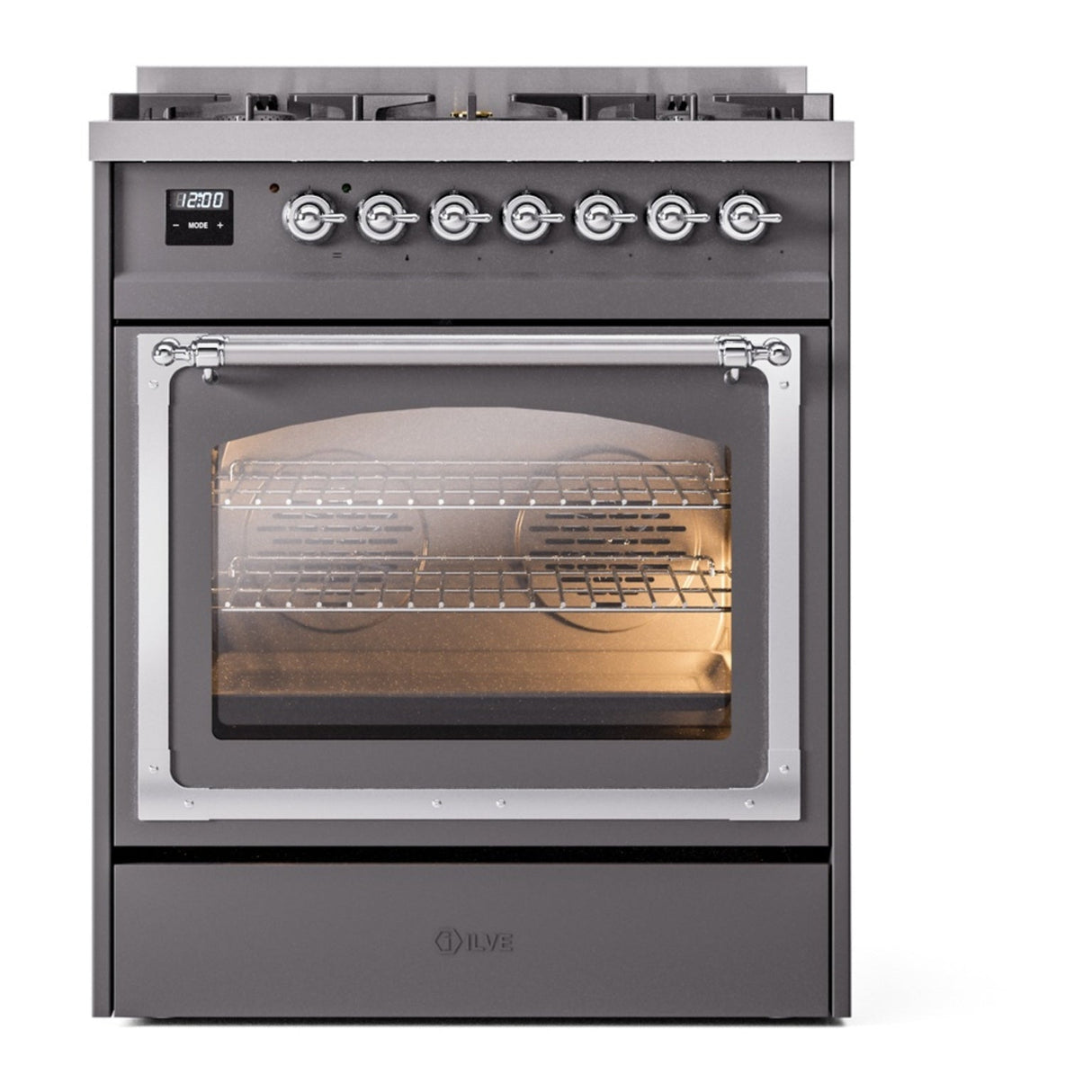 ILVE Nostalgie II Noblesse 30-Inch Propane Gas Dual Fuel Range with Triple Glass Door in Matte Graphite with Chrome Trim (UN30NMPMGCLP)