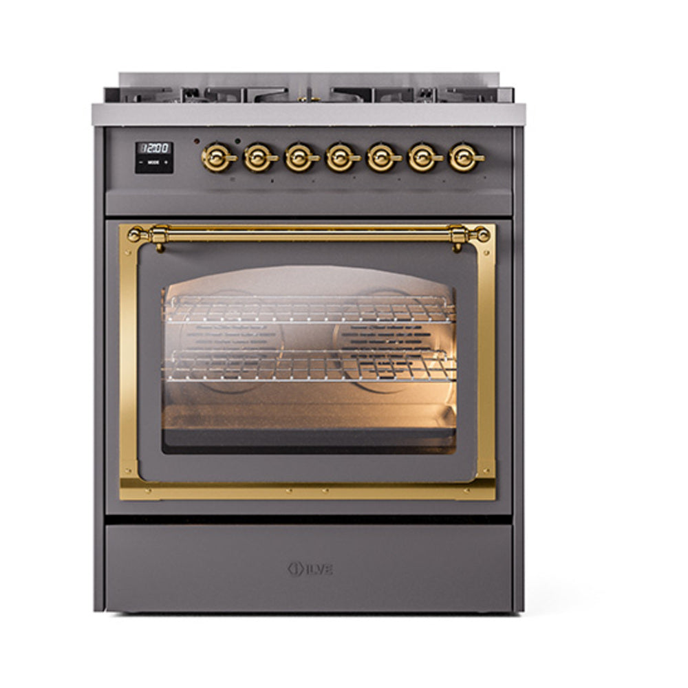 ILVE Nostalgie II Noblesse 30-Inch Propane Gas Dual Fuel Range with Triple Glass Door in Matte Graphite with Brass Trim (UN30NMPMGGLP)