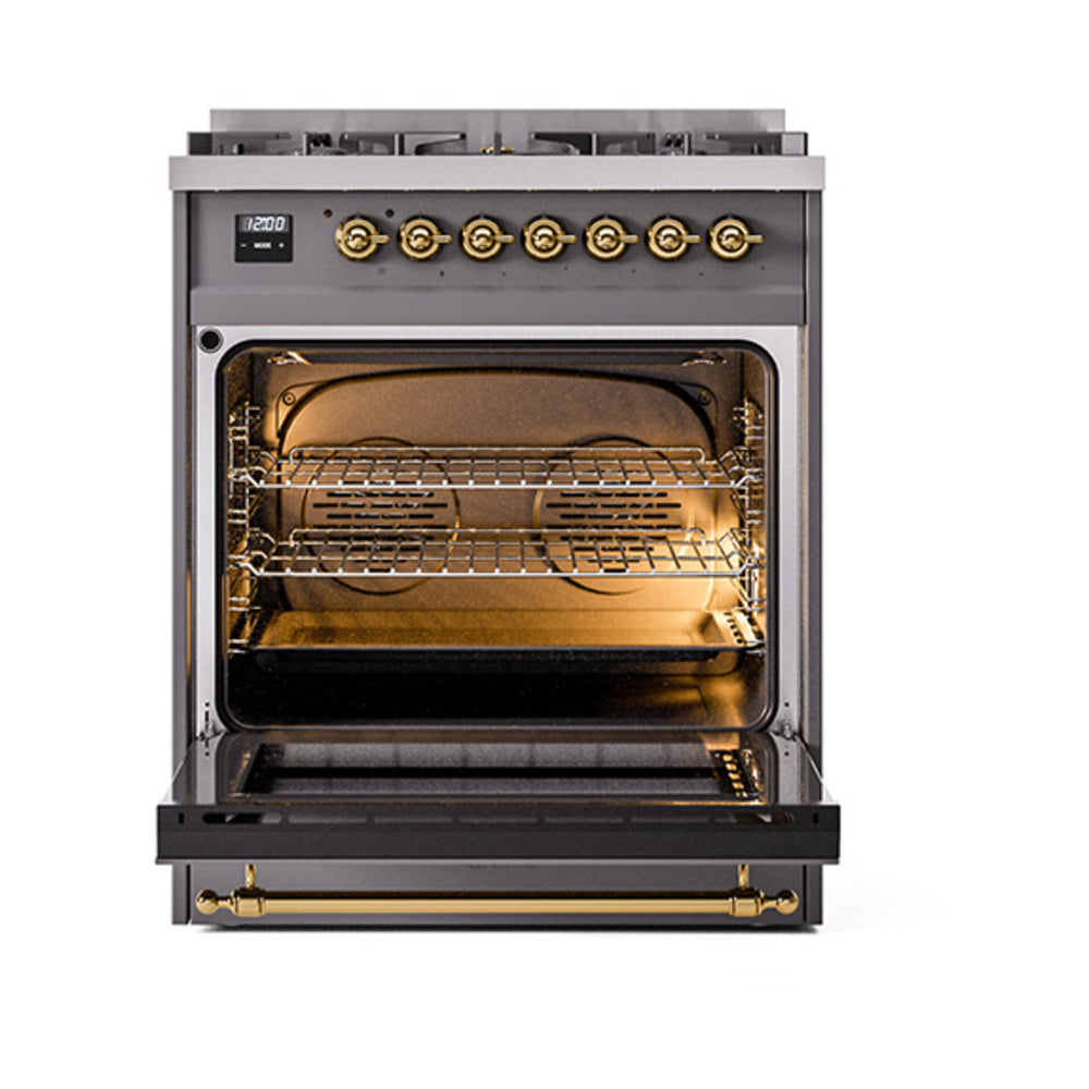 ILVE Nostalgie II Noblesse 30-Inch Natural Gas Dual Fuel Range with Triple Glass Door in Matte Graphite with Brass Trim (UN30NMPMGG)