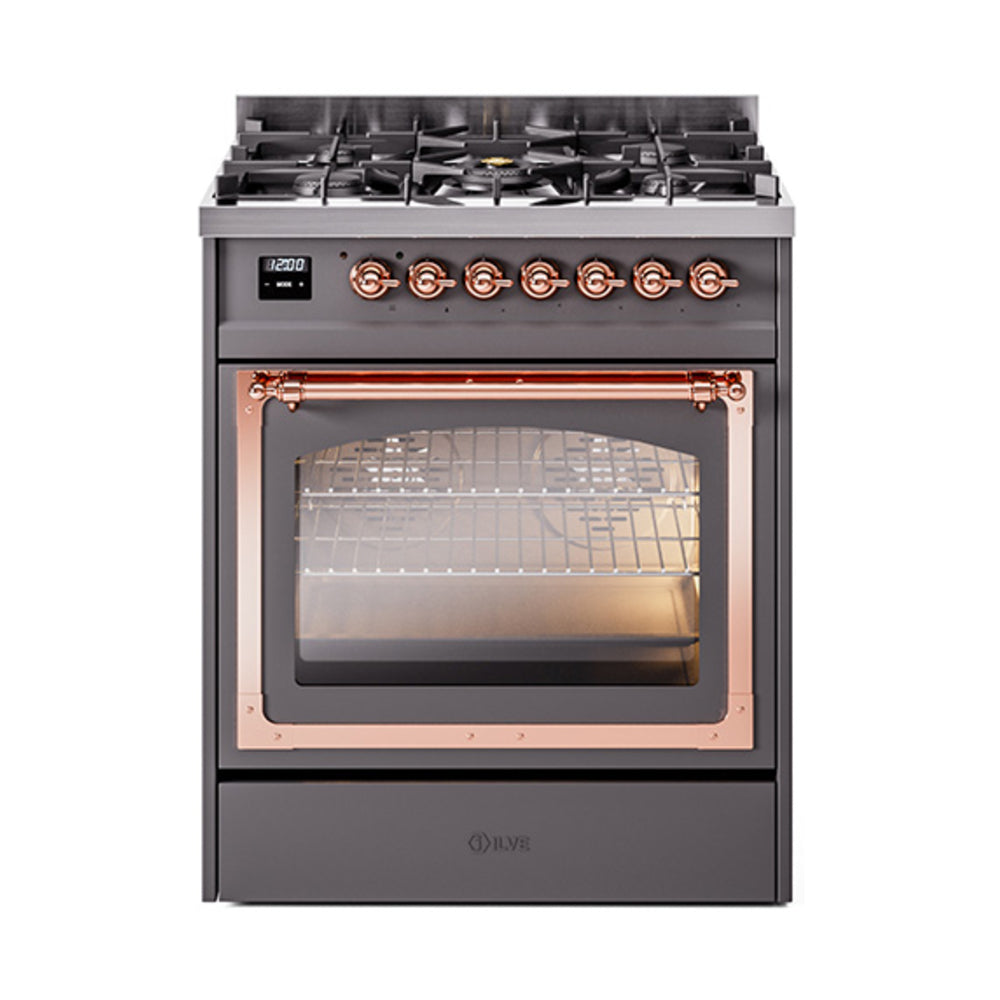 ILVE Nostalgie II Noblesse 30-Inch Propane Gas Dual Fuel Range with Triple Glass Door in Matte Graphite with Copper Trim (UN30NMPMGPLP)