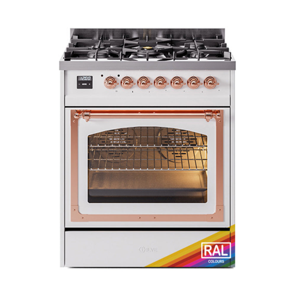 ILVE Nostalgie II Noblesse 30-Inch Propane Gas Dual Fuel Range with Triple Glass Door in Custom RAL with Copper Trim (UN30NMPRAPLP)