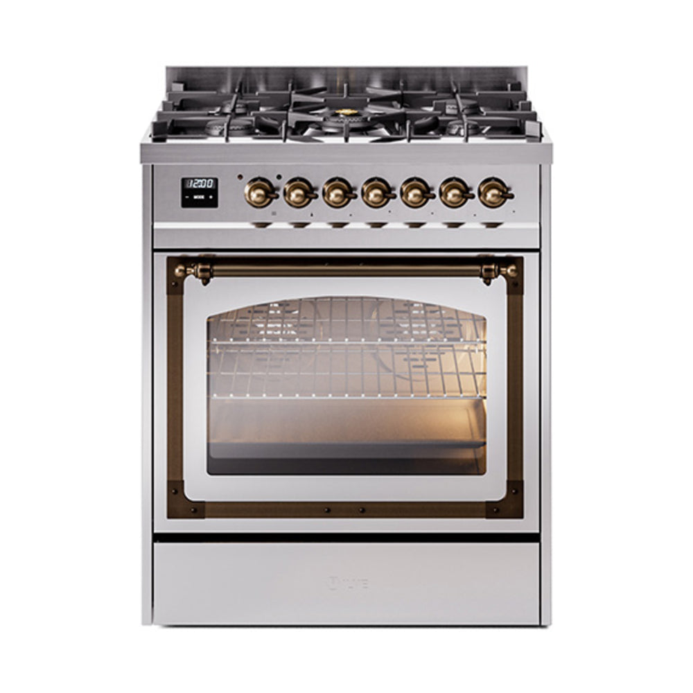 ILVE Nostalgie II Noblesse 30-Inch Propane Gas Dual Fuel Range with Triple Glass Door in Stainless Steel with Bronze Trim (UN30NMPSSBLP)