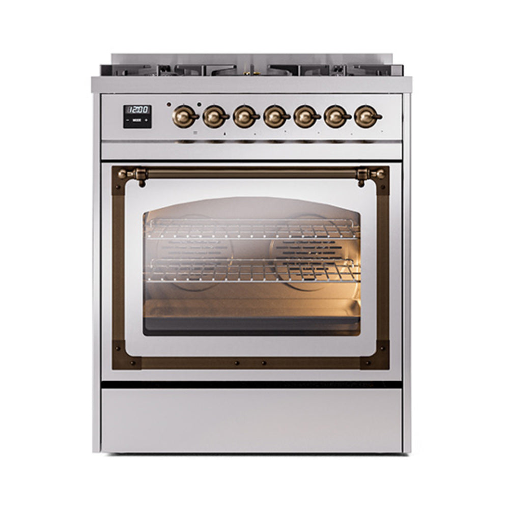 ILVE Nostalgie II Noblesse 30-Inch Propane Gas Dual Fuel Range with Triple Glass Door in Stainless Steel with Bronze Trim (UN30NMPSSBLP)