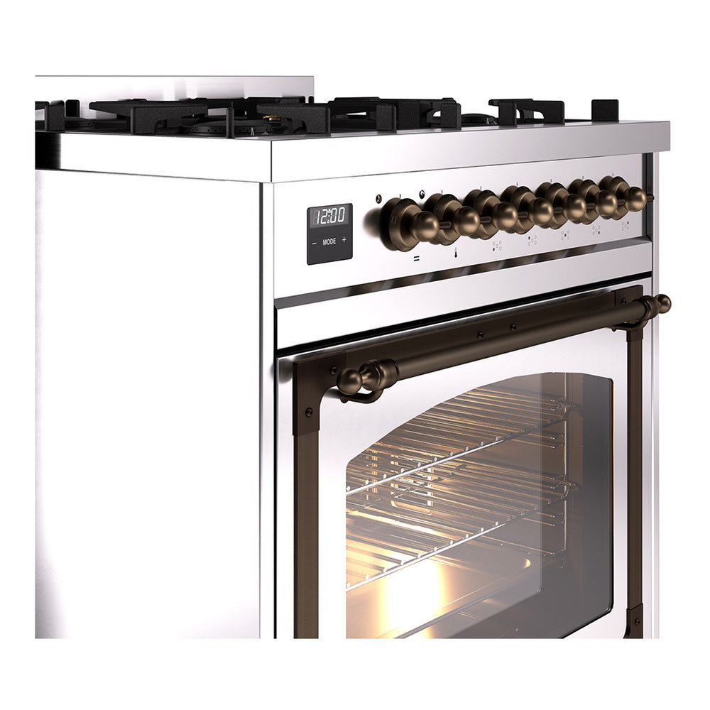ILVE Nostalgie II Noblesse 30-Inch Propane Gas Dual Fuel Range with Triple Glass Door in Stainless Steel with Bronze Trim (UN30NMPSSBLP)
