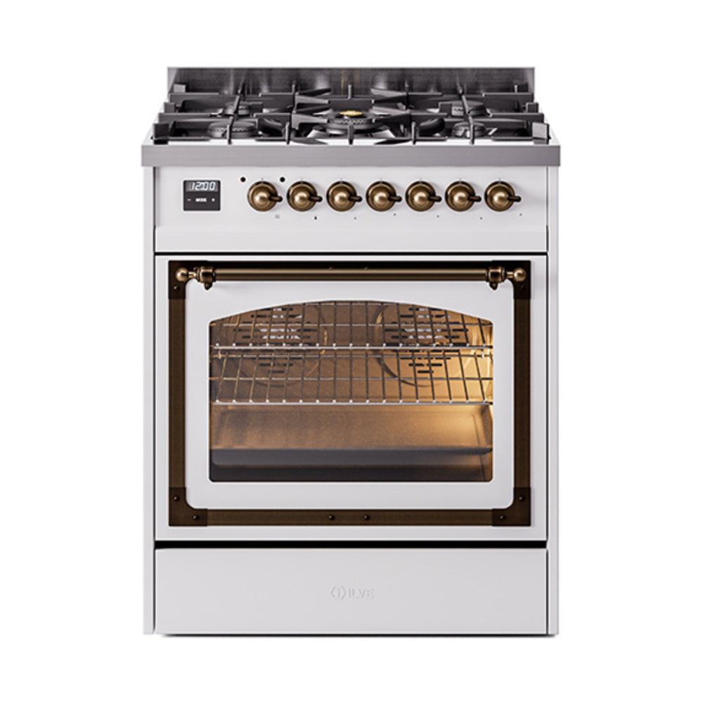 ILVE Nostalgie II Noblesse 30-Inch Natural Gas Dual Fuel Range with Triple Glass Door in White with Bronze Trim (UN30NMPWHB)