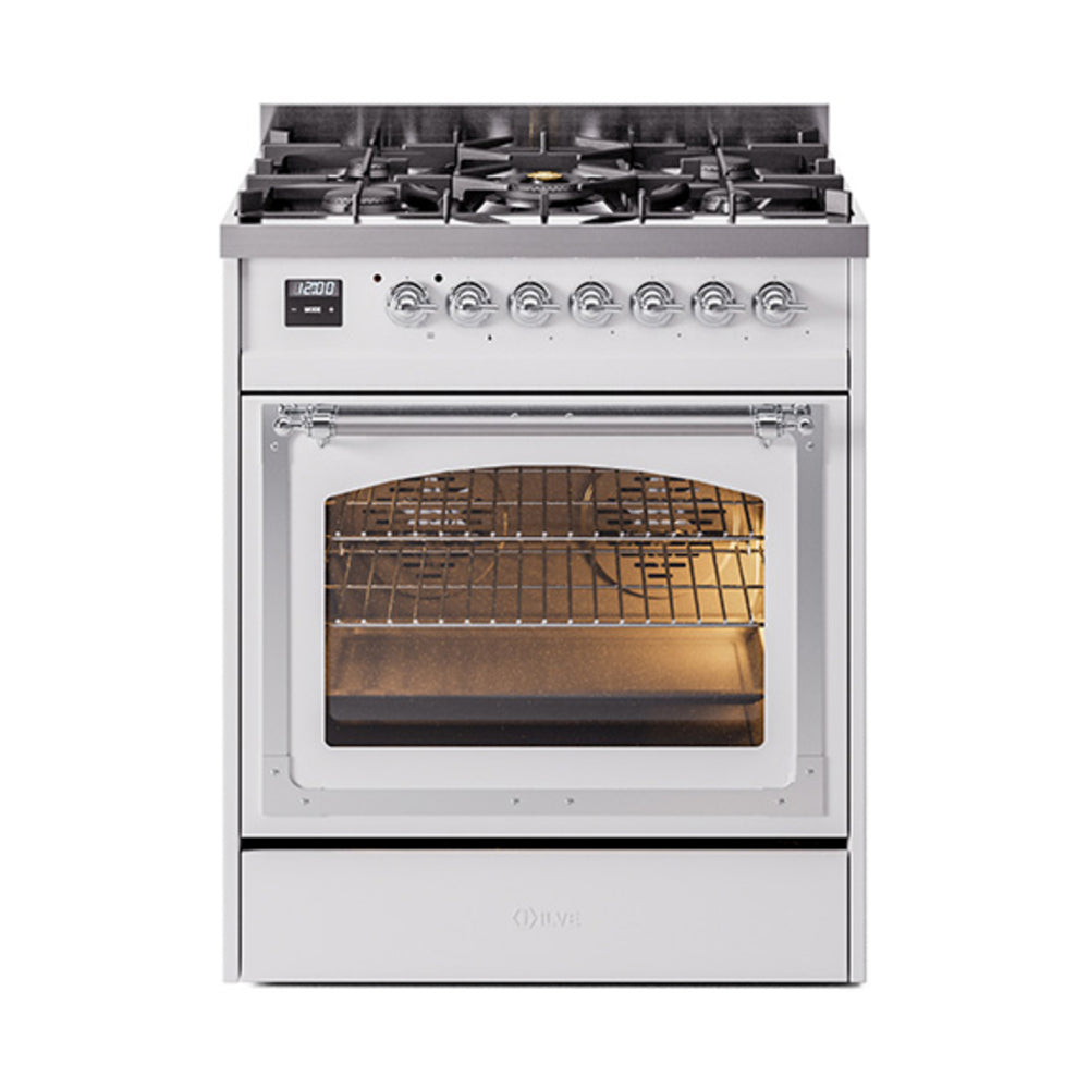 ILVE Nostalgie II Noblesse 30-Inch Natural Gas Dual Fuel Range with Triple Glass Door in White with Chrome Trim (UN30NMPWHC)