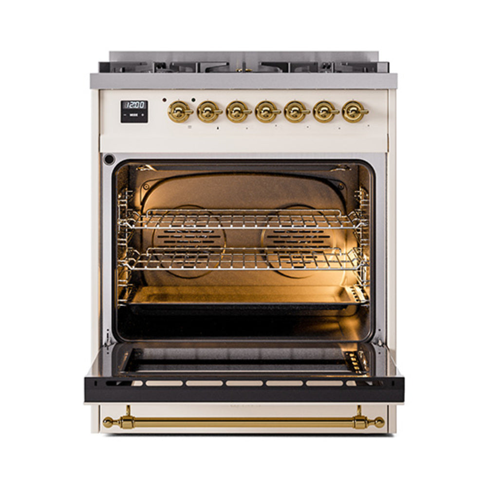 ILVE Nostalgie II Noblesse 30-Inch Propane Gas Dual Fuel Range with Solid Door in Antique White with Brass Trim (UN30QNMPAWGLP)