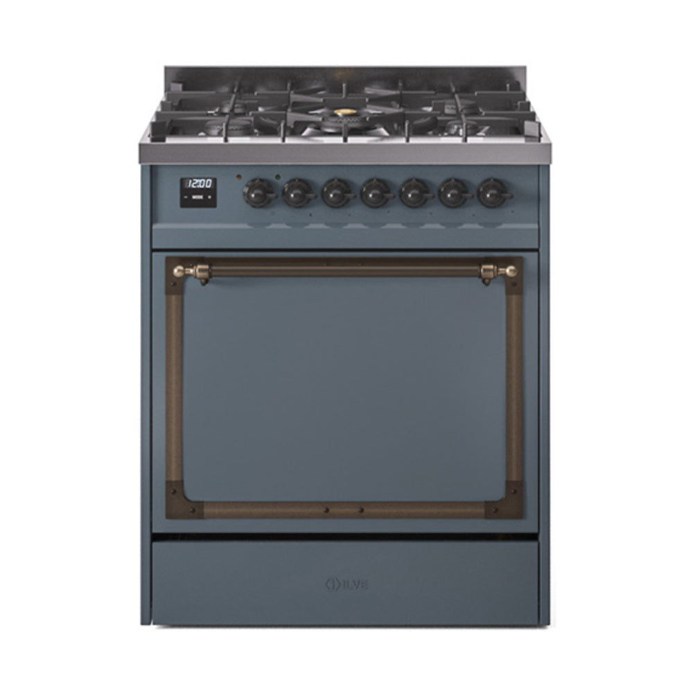 ILVE Nostalgie II Noblesse 30-Inch Propane Gas Dual Fuel Range with Solid Door in Blue Grey with Bronze Trim (UN30QNMPBGBLP)