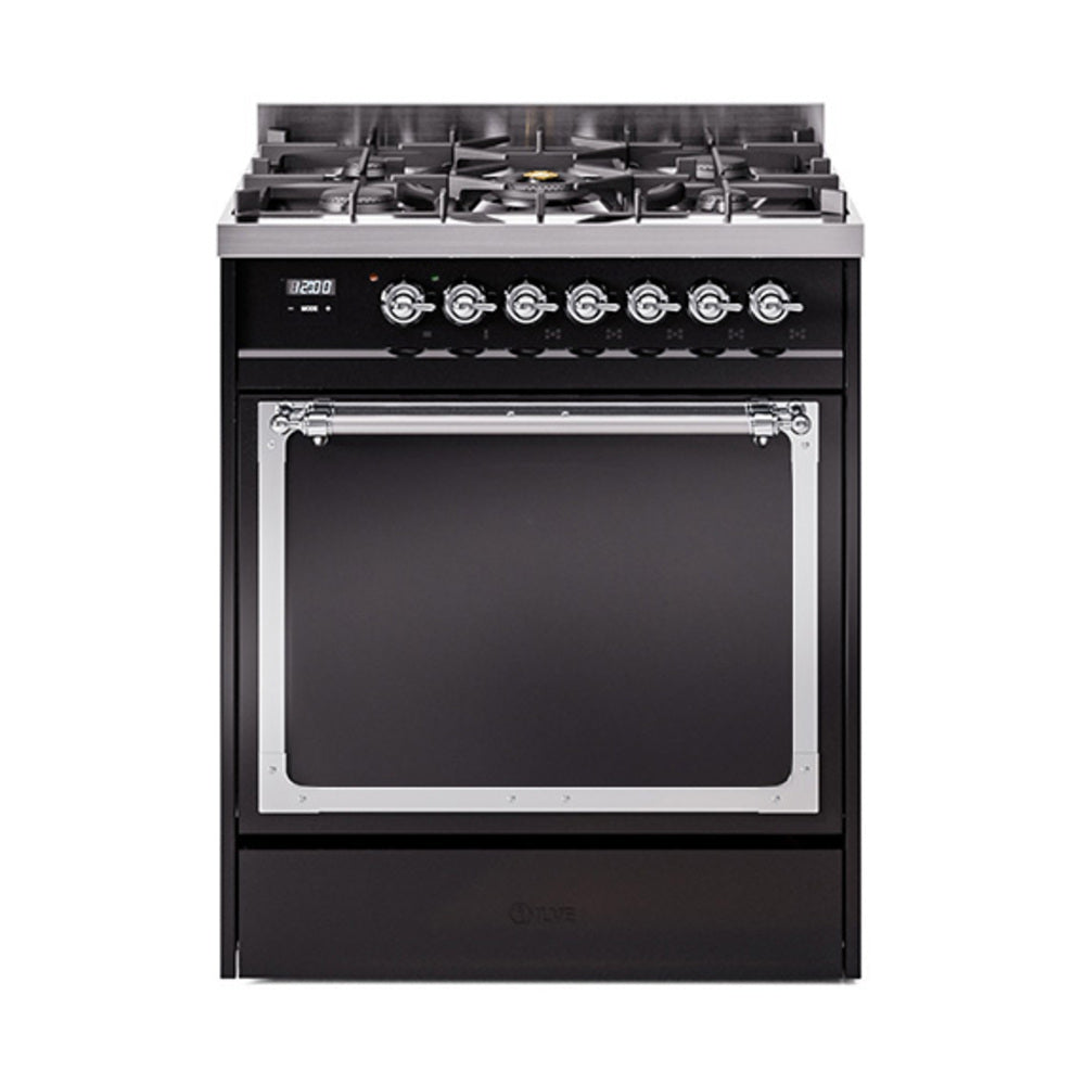 ILVE Nostalgie II Noblesse 30-Inch Natural Gas Dual Fuel Range with Solid Door in Glossy Black with Chrome Trim (UN30QNMPBKC)