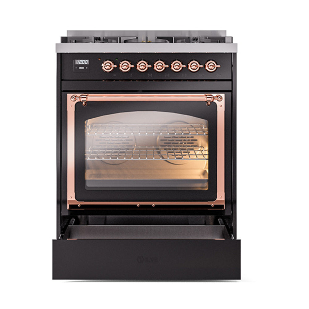 ILVE Nostalgie II Noblesse 30-Inch Natural Gas Dual Fuel Range with Solid Door in Glossy Black with Copper Trim (UN30QNMPBKP)