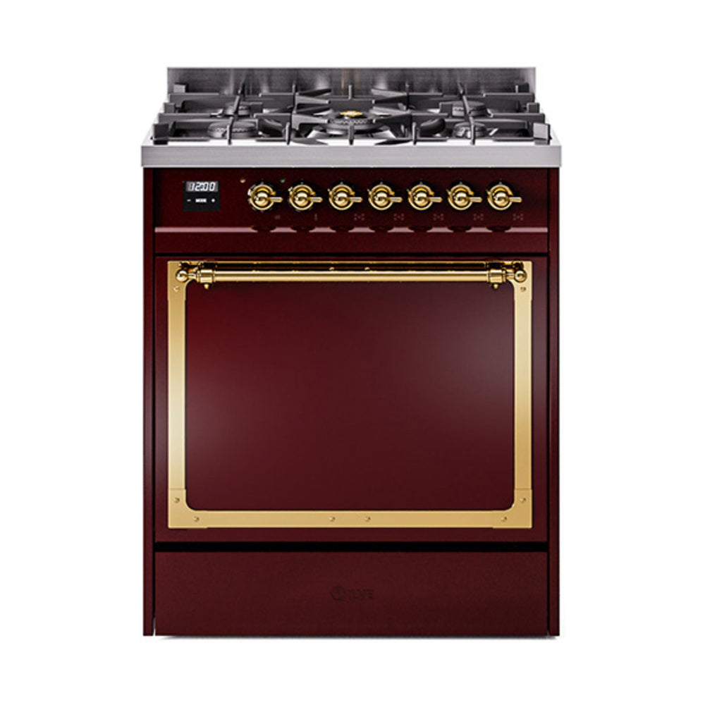 ILVE Nostalgie II Noblesse 30-Inch Propane Gas Dual Fuel Range with Solid Door in Burgundy with Brass Trim (UN30QNMPBUGLP)
