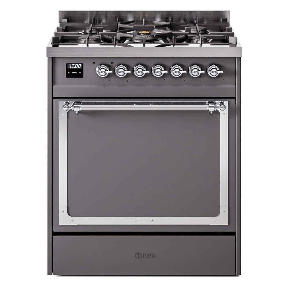 ILVE Nostalgie II Noblesse 30-Inch Natural Gas Dual Fuel Range with Solid Door in Matte Graphite with Chrome Trim (UN30QNMPMGC)