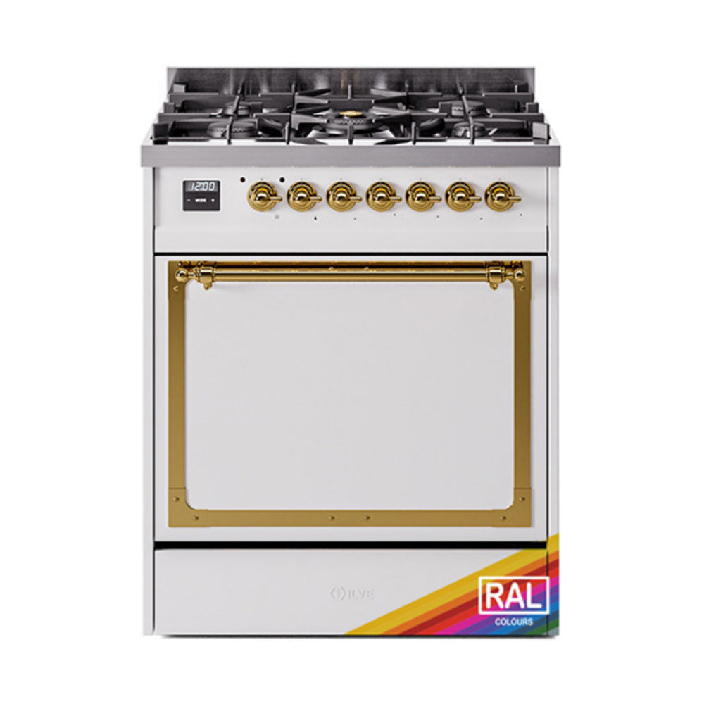 ILVE Nostalgie II Noblesse 30-Inch Natural Gas Dual Fuel Range with Solid Door in RAL with Brass Trim (UN30QNMPRAG)