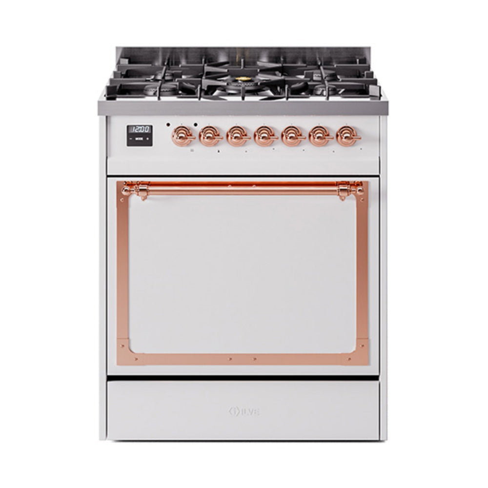 ILVE Nostalgie II Noblesse 30-Inch Propane Gas Dual Fuel Range with Solid Door in White with Copper Trim (UN30QNMPWHPLP)
