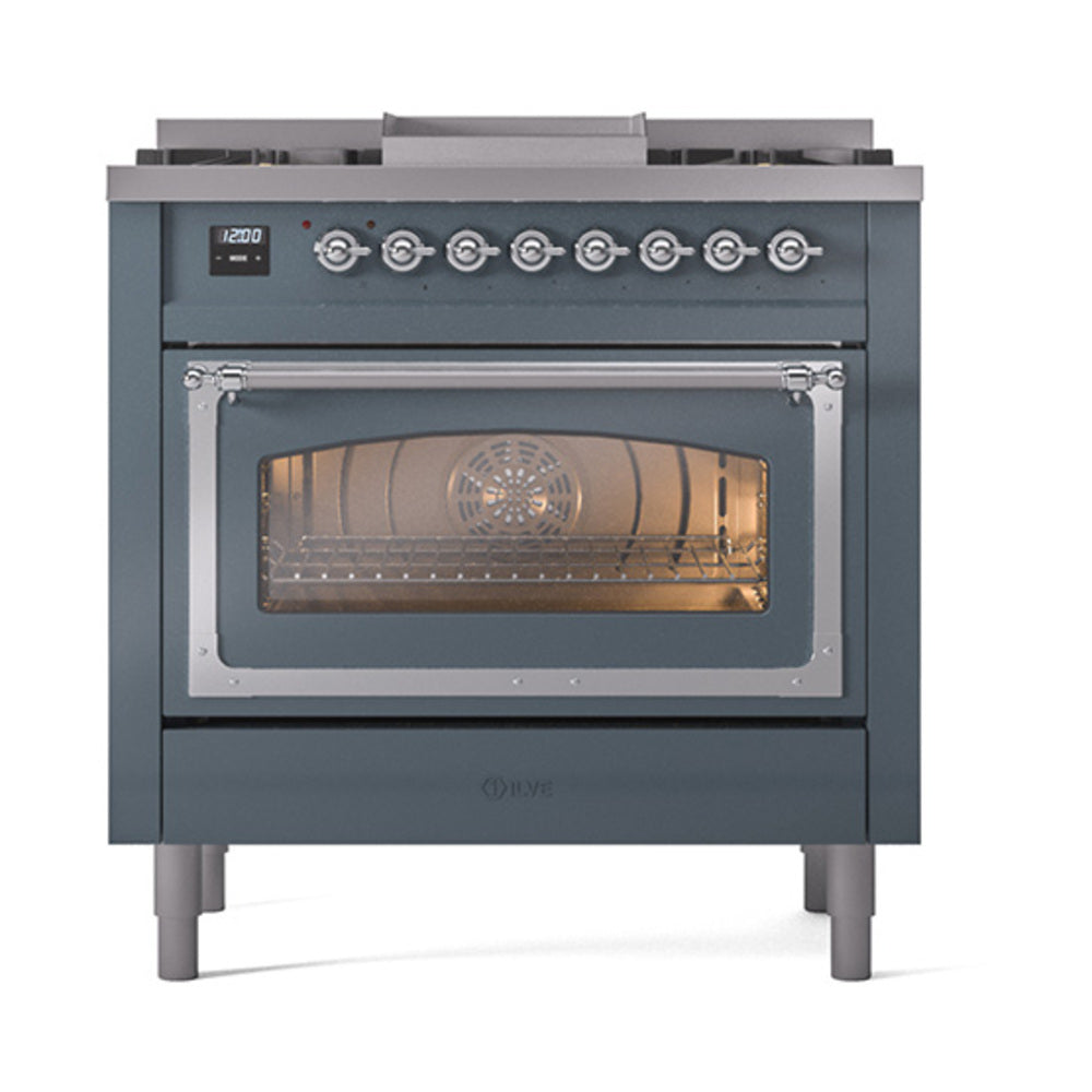 ILVE Nostalgie II Noblesse 36-Inch Natural Gas Dual Fuel Range and Triple Glass Door in Blue Grey with Chrome Trim (UN36FNMPBGC)