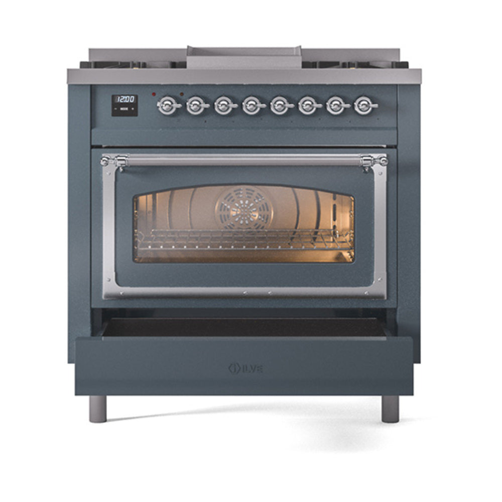 ILVE Nostalgie II Noblesse 36-Inch Natural Gas Dual Fuel Range and Triple Glass Door in Blue Grey with Chrome Trim (UN36FNMPBGC)