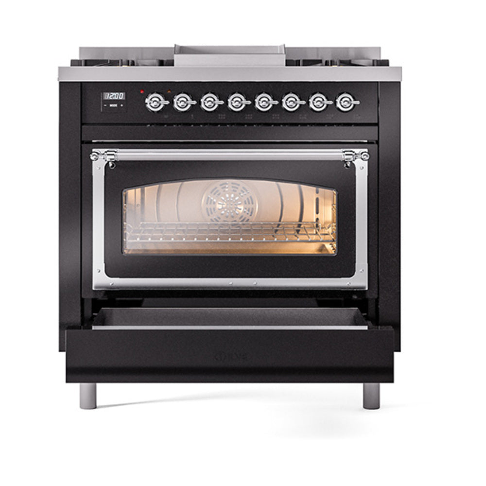 ILVE Nostalgie II Noblesse 36-Inch Natural Gas Dual Fuel Range and Triple Glass Door in Glossy Black with Chrome Trim (UN36FNMPBKC)