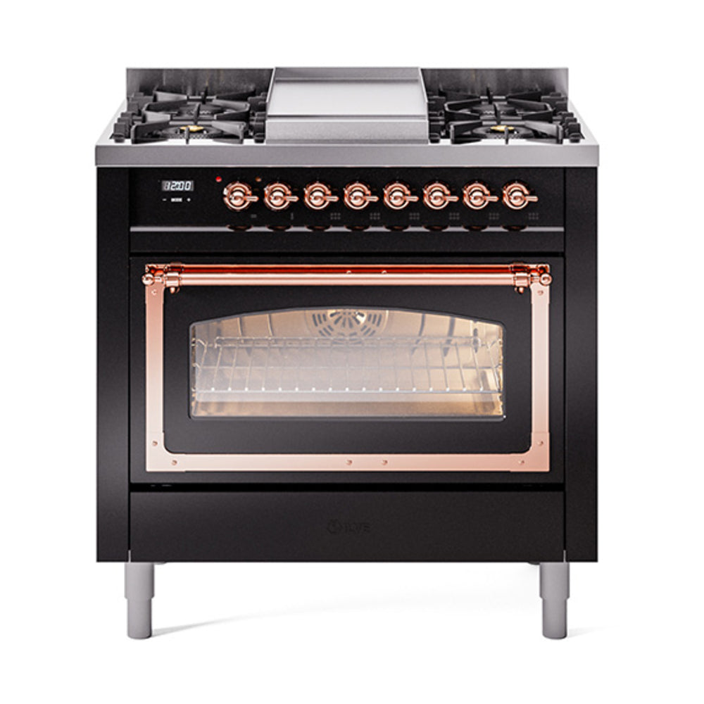 ILVE Nostalgie II Noblesse 36-Inch Natural Gas Dual Fuel Range and Triple Glass Door in Glossy Black with Copper Trim (UN36FNMPBKP)