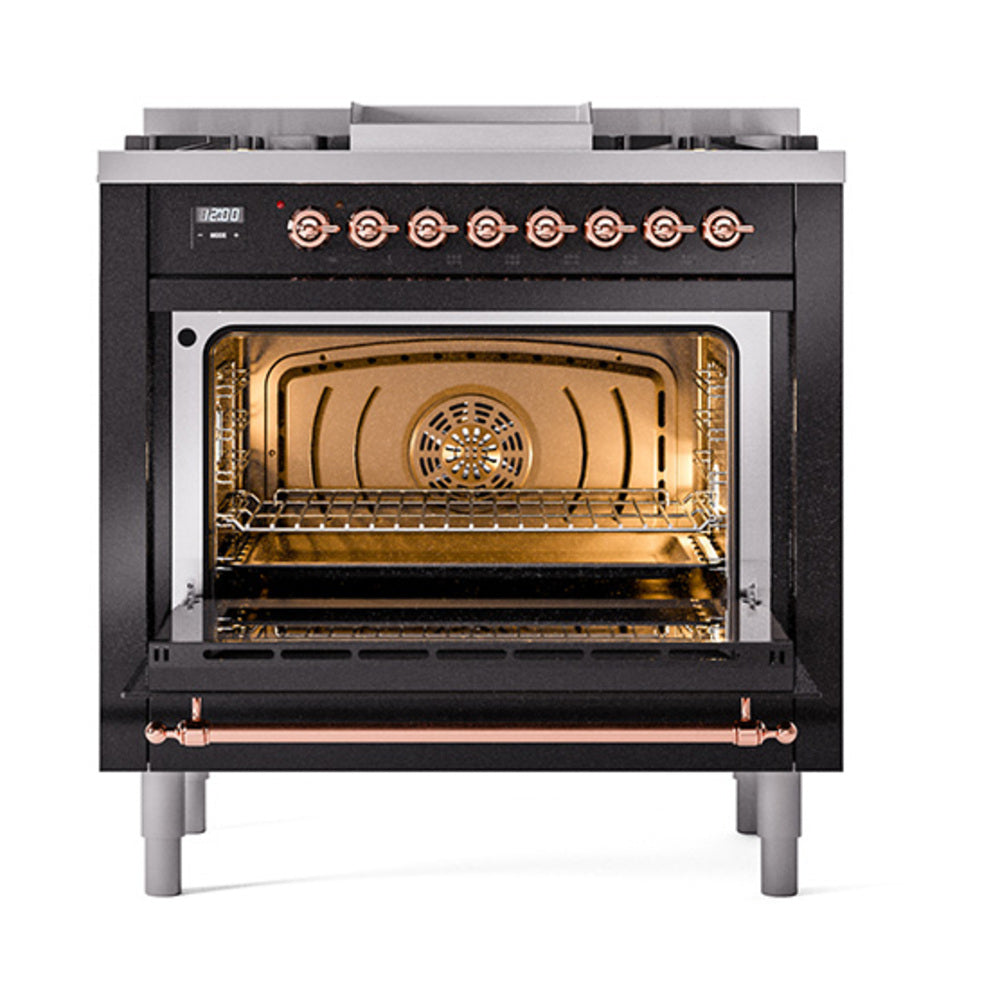 ILVE Nostalgie II Noblesse 36-Inch Natural Gas Dual Fuel Range and Triple Glass Door in Glossy Black with Copper Trim (UN36FNMPBKP)