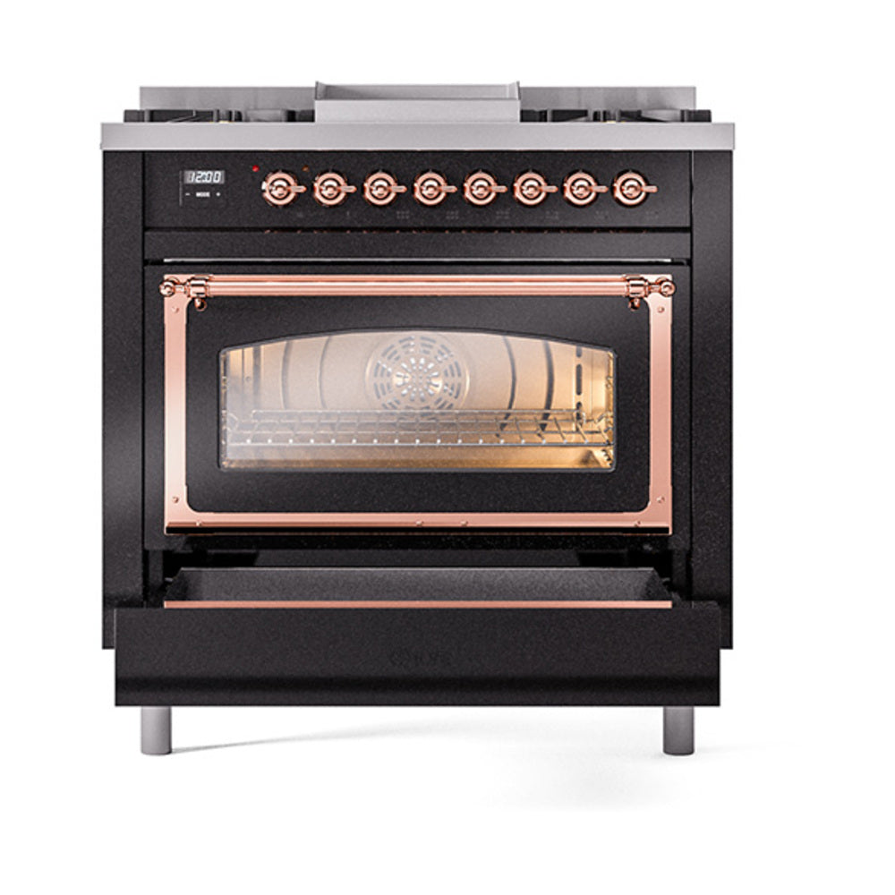ILVE Nostalgie II Noblesse 36-Inch Propane Gas Dual Fuel Range and Triple Glass Door in Glossy Black with Copper Trim (UN36FNMPBKPLP)