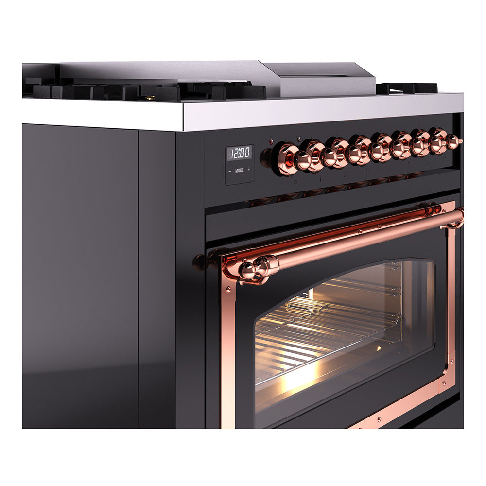 ILVE Nostalgie II Noblesse 36-Inch Natural Gas Dual Fuel Range and Triple Glass Door in Glossy Black with Copper Trim (UN36FNMPBKP)