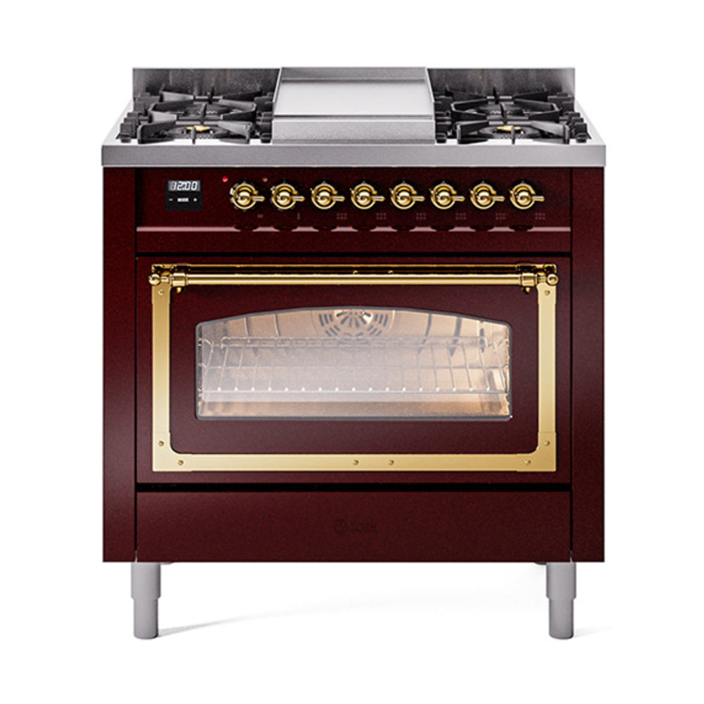 ILVE Nostalgie II Noblesse 36-Inch Natural Gas Dual Fuel Range and Triple Glass Door in Burgundy with Brass Trim (UN36FNMPBUG)
