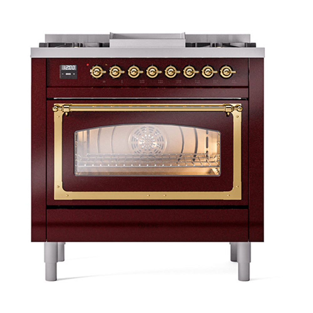 ILVE Nostalgie II Noblesse 36-Inch Natural Gas Dual Fuel Range and Triple Glass Door in Burgundy with Brass Trim (UN36FNMPBUG)