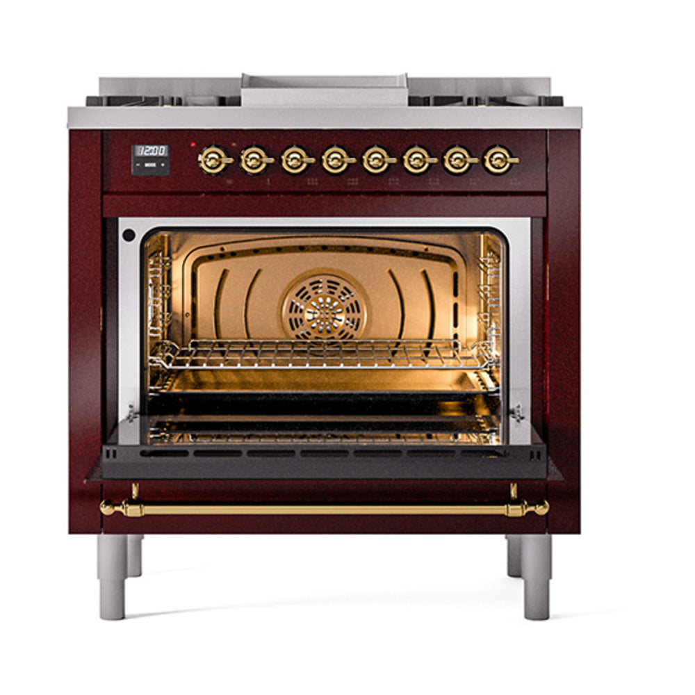 ILVE Nostalgie II Noblesse 36-Inch Natural Gas Dual Fuel Range and Triple Glass Door in Burgundy with Brass Trim (UN36FNMPBUG)
