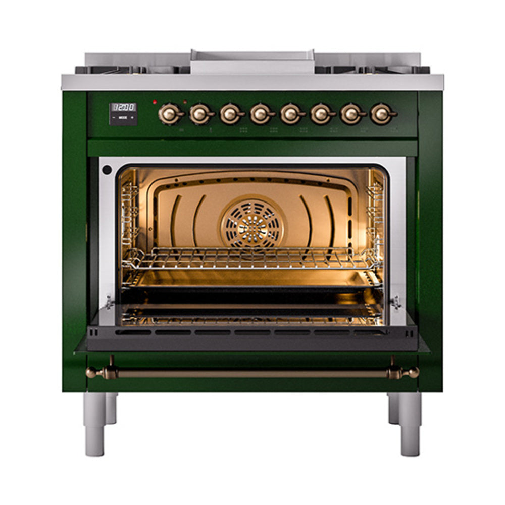 ILVE Nostalgie II Noblesse 36-Inch Natural Gas Dual Fuel Range and Triple Glass Door in Emerald Green with Bronze Trim (UN36FNMPEGB)