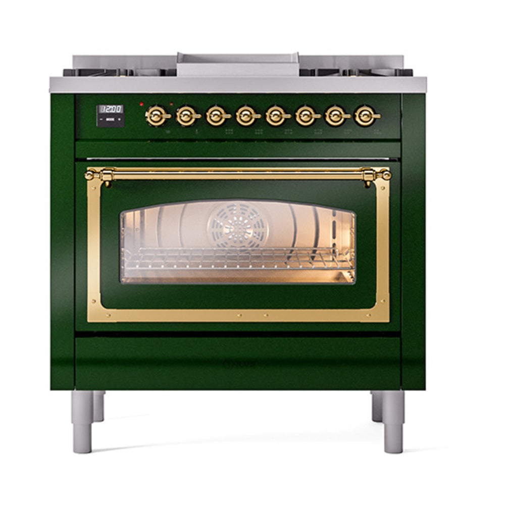 ILVE Nostalgie II Noblesse 36-Inch Natural Gas Dual Fuel Range and Triple Glass Door in Emerald Green with Brass Trim (UN36FNMPEGG)