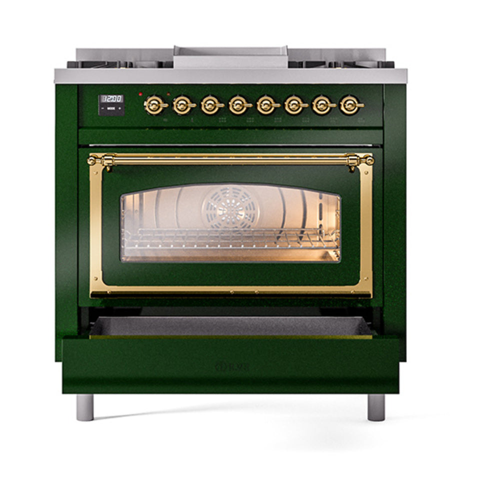 ILVE Nostalgie II Noblesse 36-Inch Natural Gas Dual Fuel Range and Triple Glass Door in Emerald Green with Brass Trim (UN36FNMPEGG)