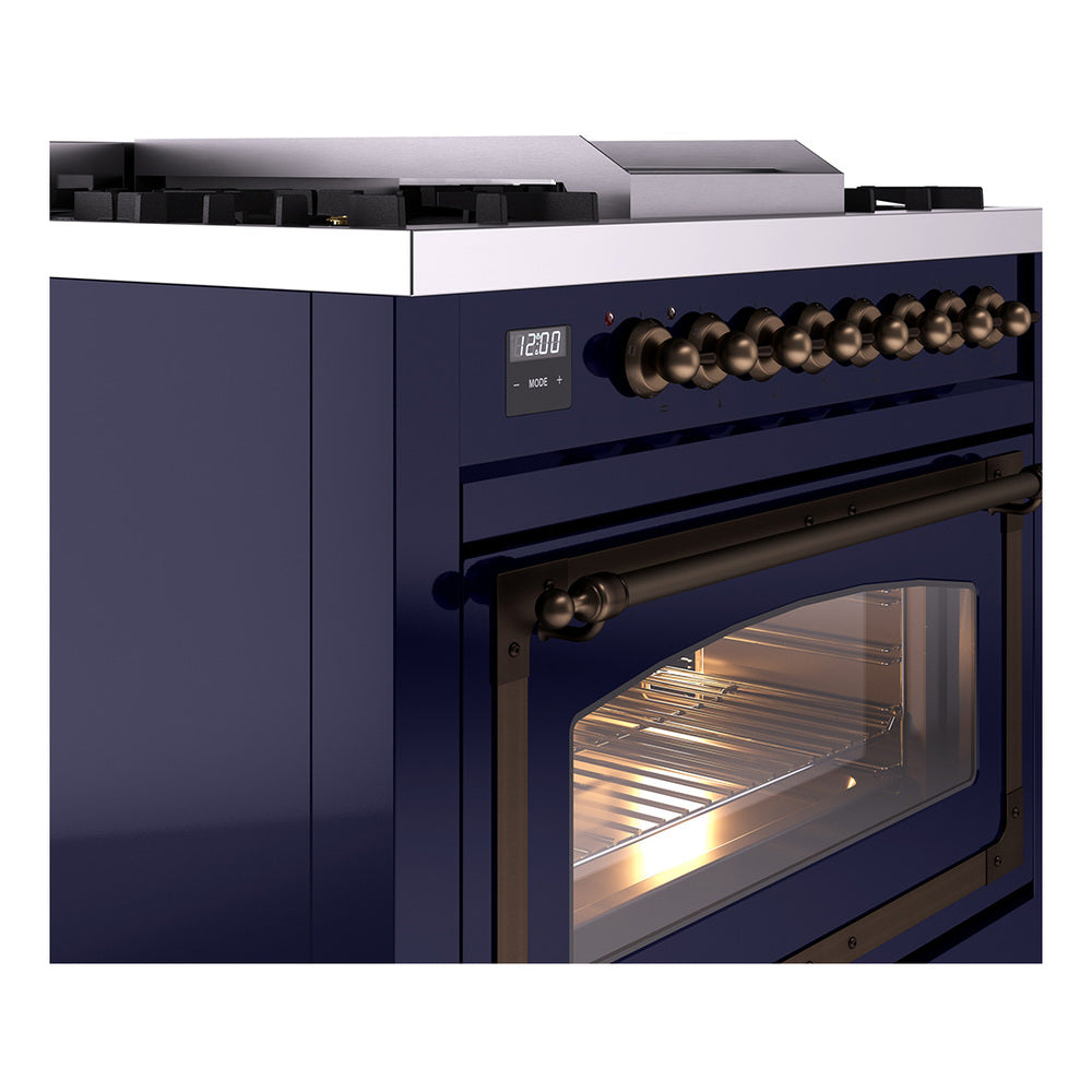 ILVE Nostalgie II Noblesse 36-Inch Natural Gas Dual Fuel Range and Triple Glass Door in Midnight Blue with Bronze Trim (UN36FNMPMBB)