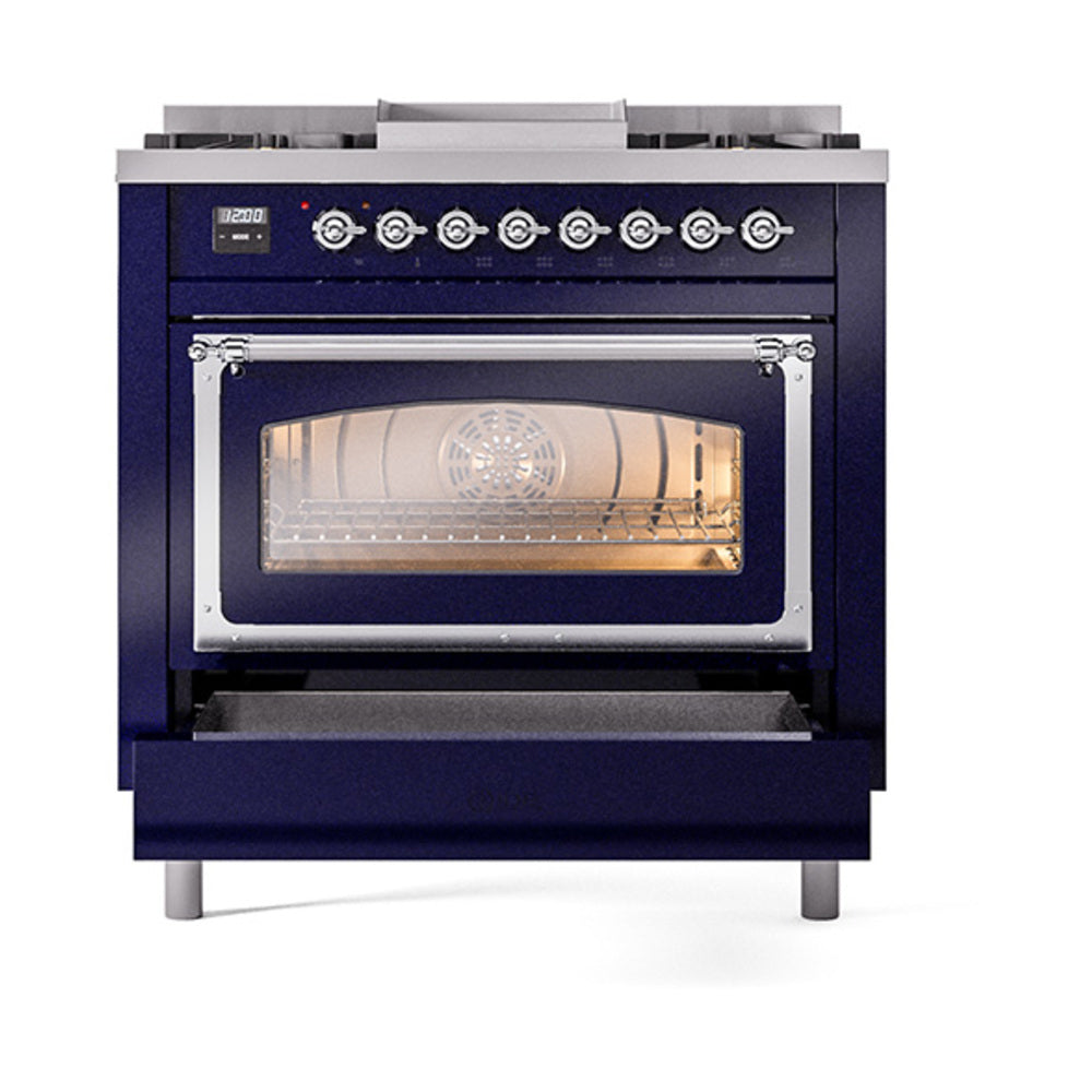 ILVE Nostalgie II Noblesse 36-Inch Natural Gas Dual Fuel Range and Triple Glass Door in Midnight Blue with Chrome Trim (UN36FNMPMBC)