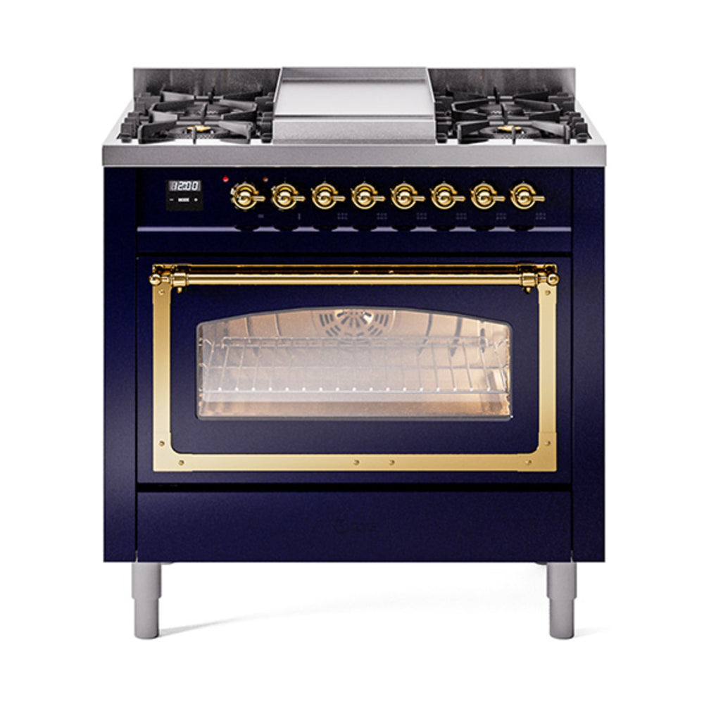 ILVE Nostalgie II Noblesse 36-Inch Natural Gas Dual Fuel Range and Triple Glass Door in Midnight Blue with Brass Trim (UN36FNMPMBG)