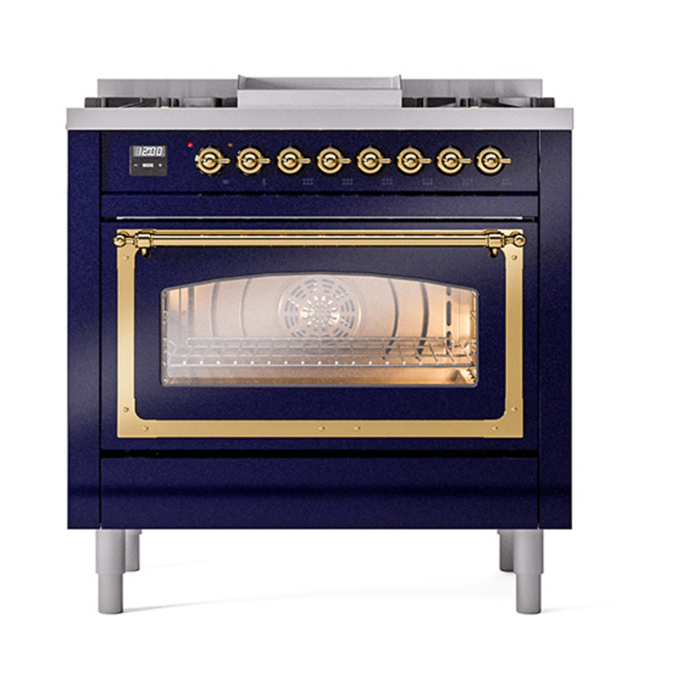 ILVE Nostalgie II Noblesse 36-Inch Natural Gas Dual Fuel Range and Triple Glass Door in Midnight Blue with Brass Trim (UN36FNMPMBG)