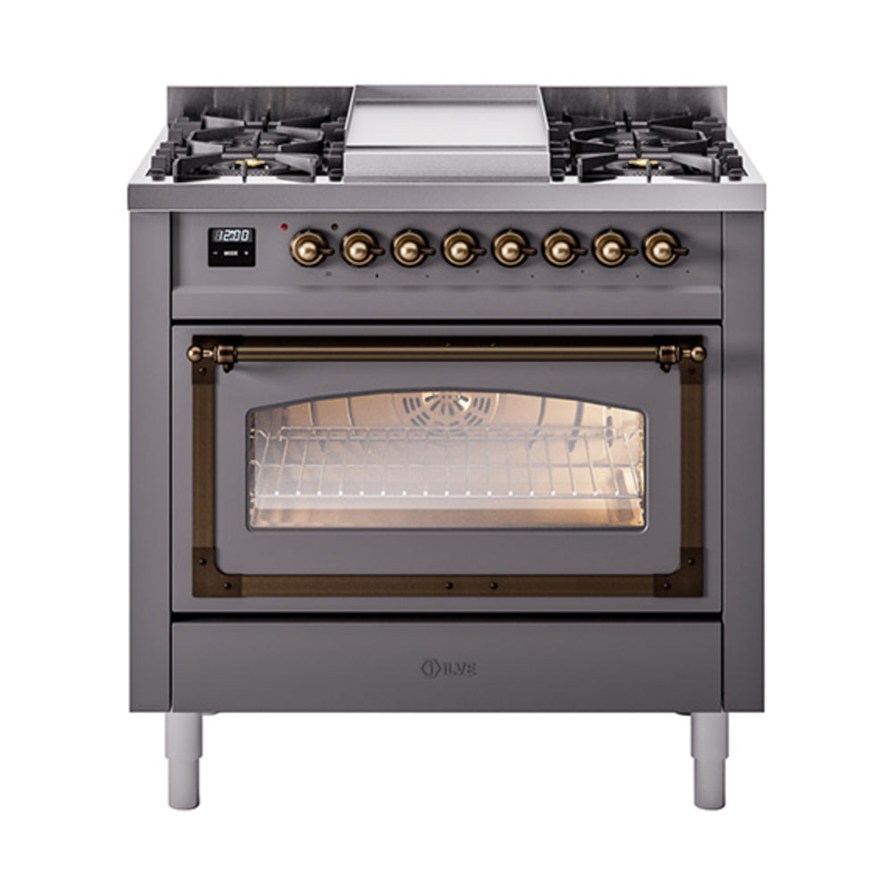 ILVE Nostalgie II Noblesse 36-Inch Natural Gas Dual Fuel Range and Triple Glass Door in Matte Graphite with Bronze Trim (UN36FNMPMGB)