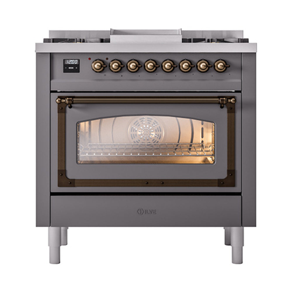 ILVE Nostalgie II Noblesse 36-Inch Natural Gas Dual Fuel Range and Triple Glass Door in Matte Graphite with Bronze Trim (UN36FNMPMGB)