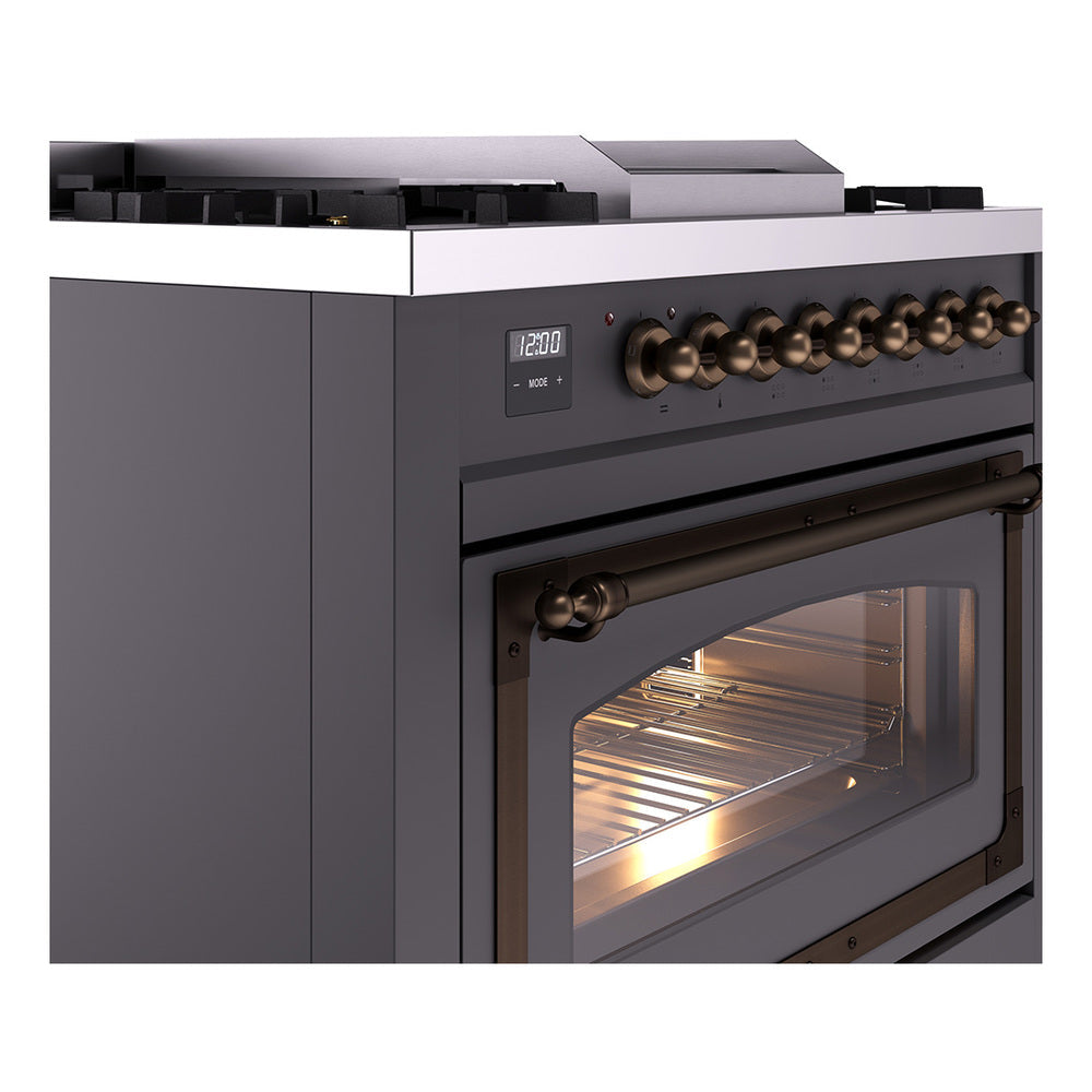 ILVE Nostalgie II Noblesse 36-Inch Natural Gas Dual Fuel Range and Triple Glass Door in Matte Graphite with Bronze Trim (UN36FNMPMGB)