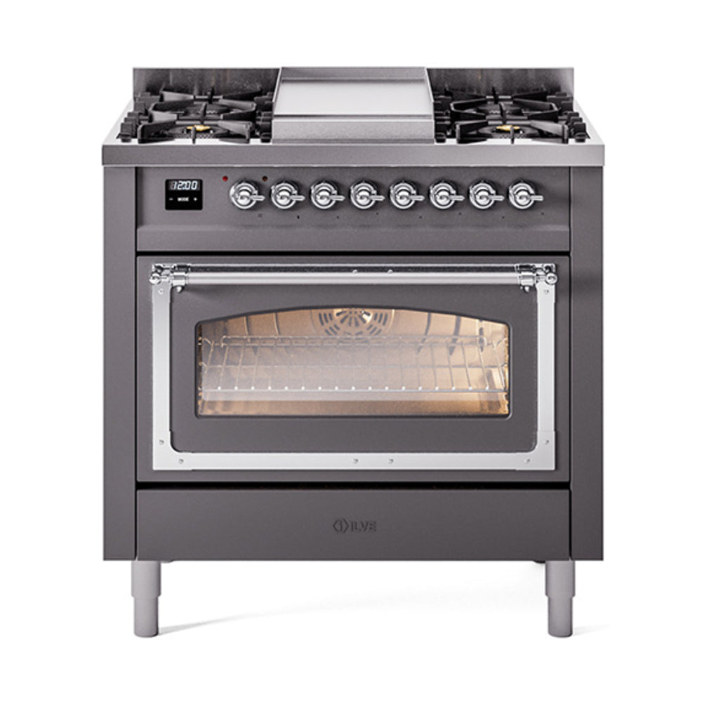 ILVE Nostalgie II Noblesse 36-Inch Propane Gas Dual Fuel Range and Triple Glass Door in Matte Graphite with Chrome Trim (UN36FNMPMGCLP)