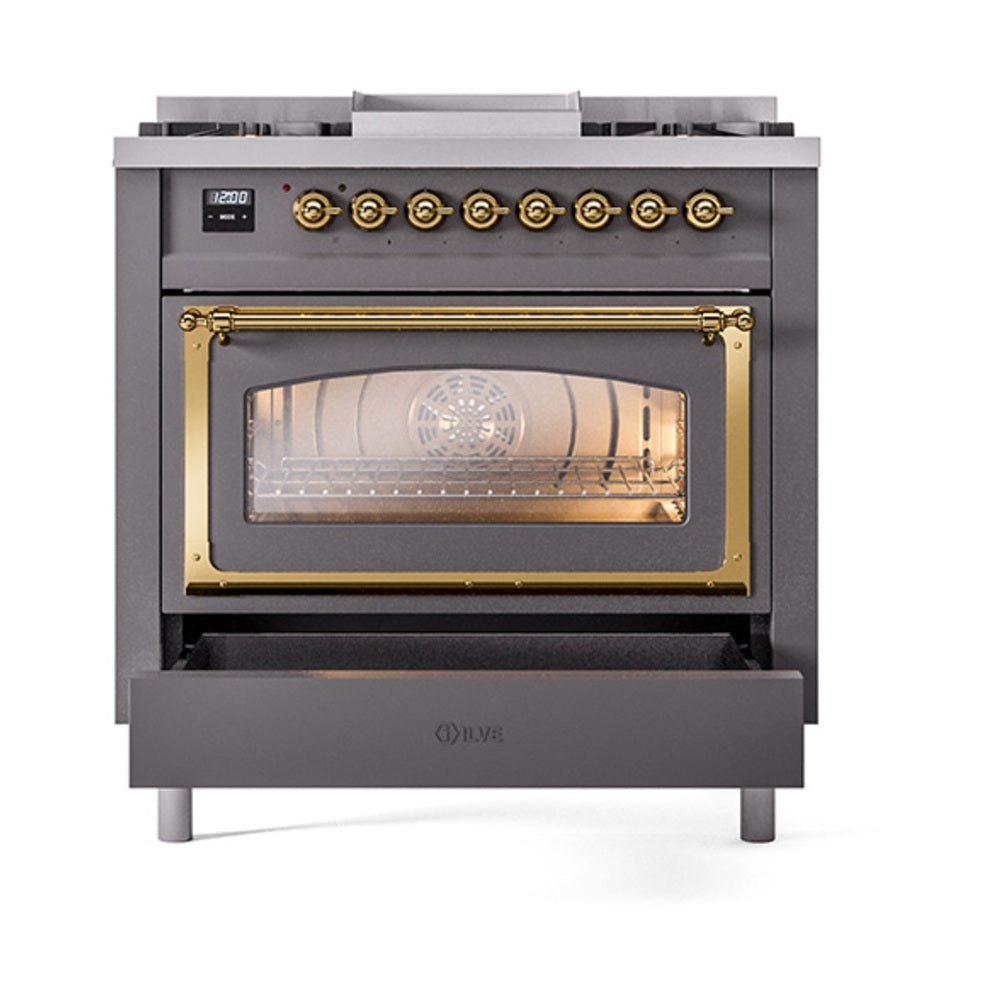 ILVE Nostalgie II Noblesse 36-Inch Propane Gas Dual Fuel Range and Triple Glass Door in Matte Graphite with Brass Trim (UN36FNMPMGGLP)