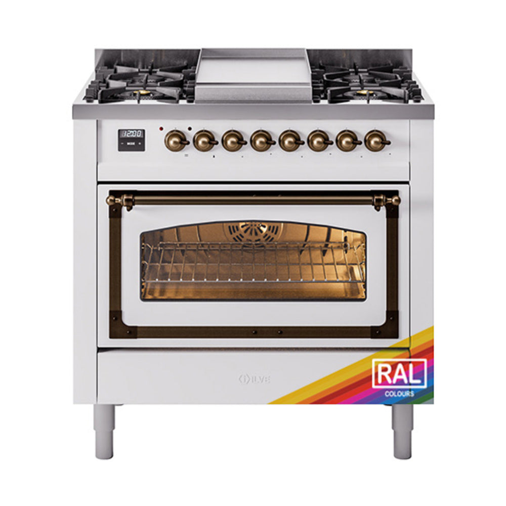 ILVE Nostalgie II Noblesse 36-Inch Natural Gas Dual Fuel Range and Triple Glass Door in Custom RAL with Bronze Trim (UN36FNMPRAB)