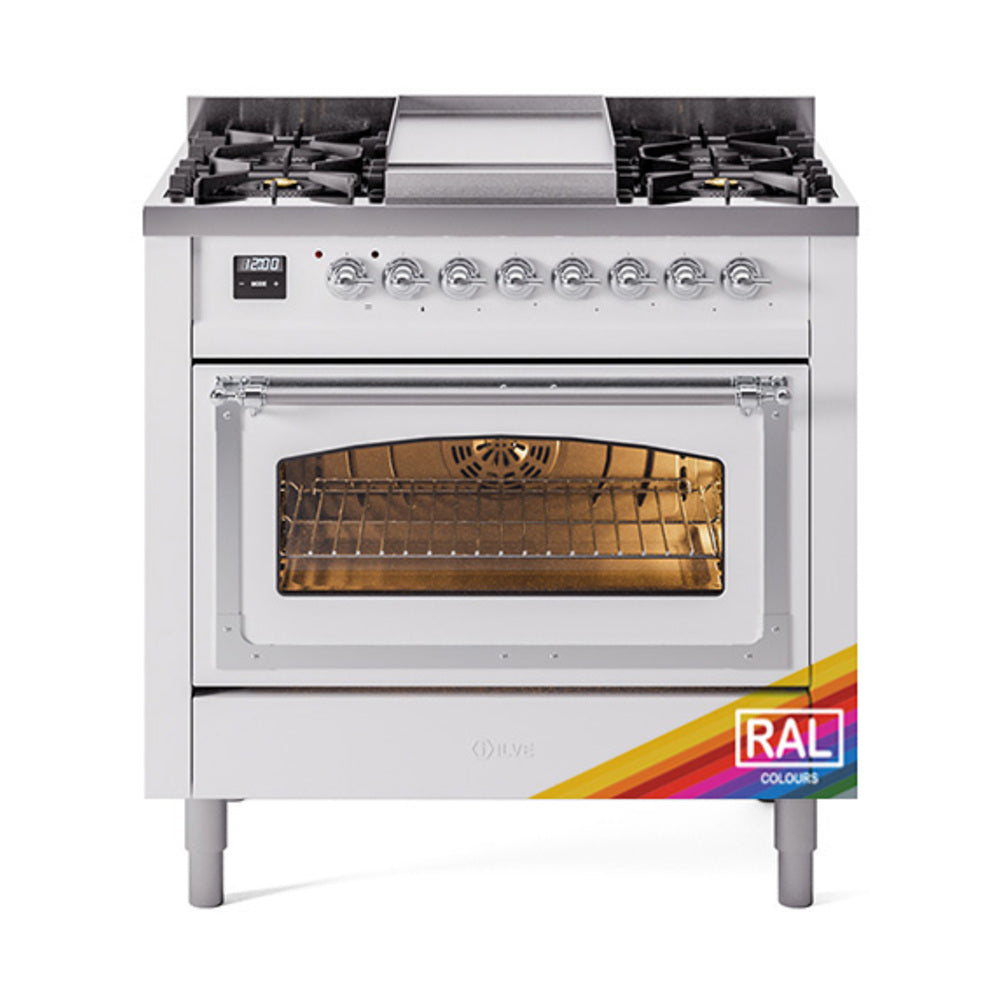 ILVE Nostalgie II Noblesse 36-Inch Propane Gas Dual Fuel Range and Triple Glass Door in Custom RAL with Chrome Trim (UN36FNMPRACLP)