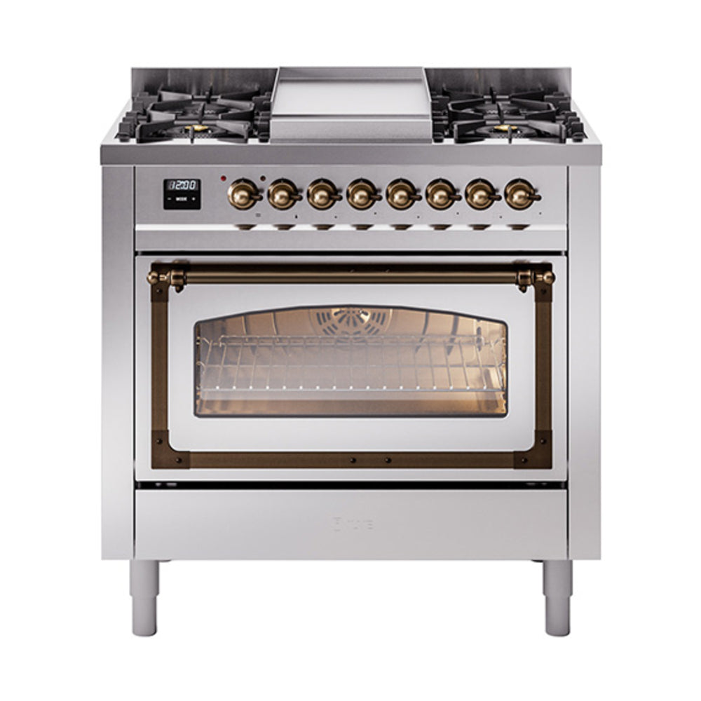 ILVE Nostalgie II Noblesse 36-Inch Natural Gas Dual Fuel Range and Triple Glass Door in Stainless Steel with Bronze Trim (UN36FNMPSSB)