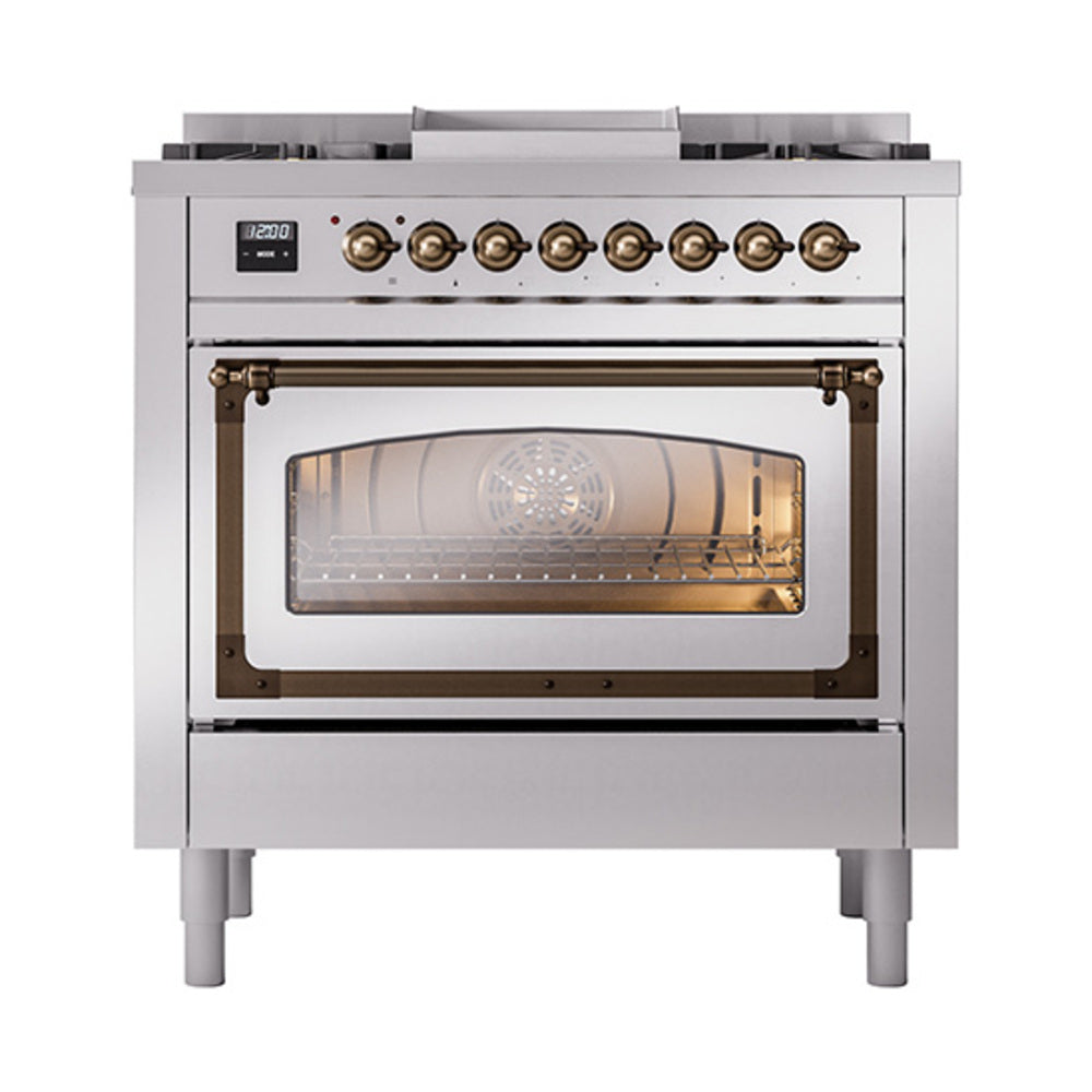 ILVE Nostalgie II Noblesse 36-Inch Natural Gas Dual Fuel Range and Triple Glass Door in Stainless Steel with Bronze Trim (UN36FNMPSSB)