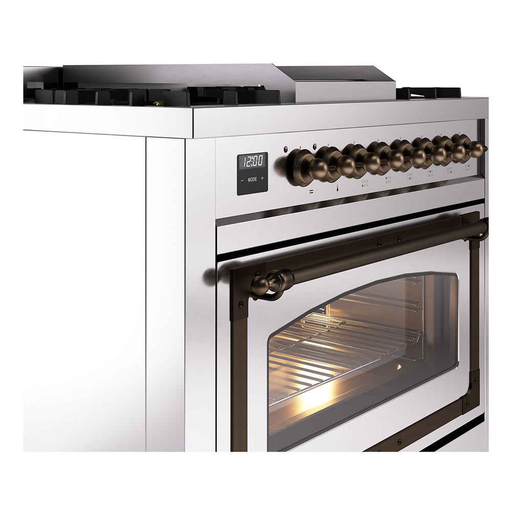 ILVE Nostalgie II Noblesse 36-Inch Natural Gas Dual Fuel Range and Triple Glass Door in Stainless Steel with Bronze Trim (UN36FNMPSSB)