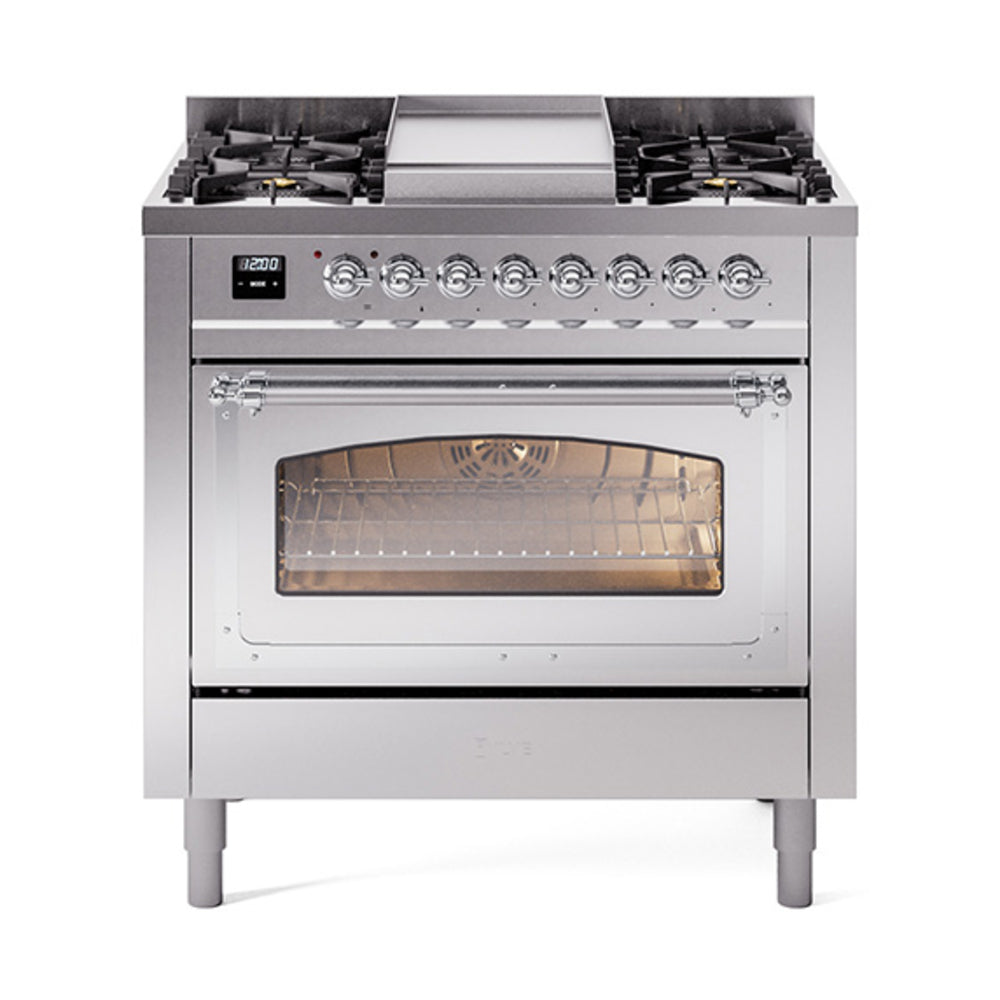 ILVE Nostalgie II Noblesse 36-Inch Natural Gas Dual Fuel Range and Triple Glass Door in Stainless Steel with Chrome Trim (UN36FNMPSSC)